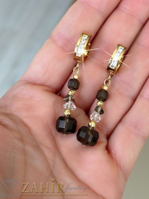 2 лица изчистено и с кристали на вицящи обеци халки 5 см от стомана с кристални висулки и естествен ахат кафе - O3206